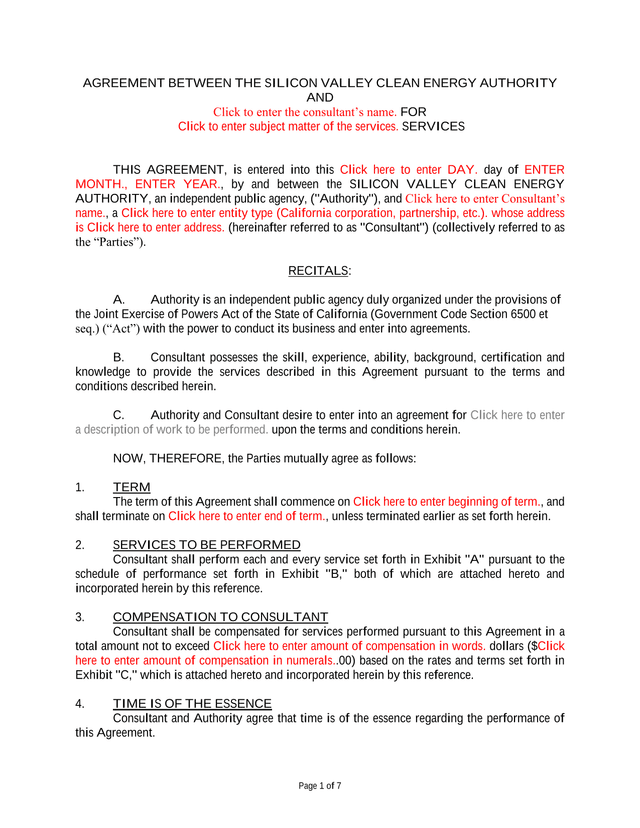 AGREEMENT BETWEEN THE SILICON VALLEY CLEAN ENERGY AUTHORITY AND CONSULTANT screenshot