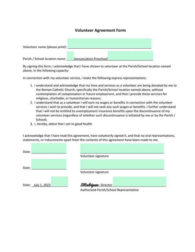 Volunteer Agreement Form screenshot