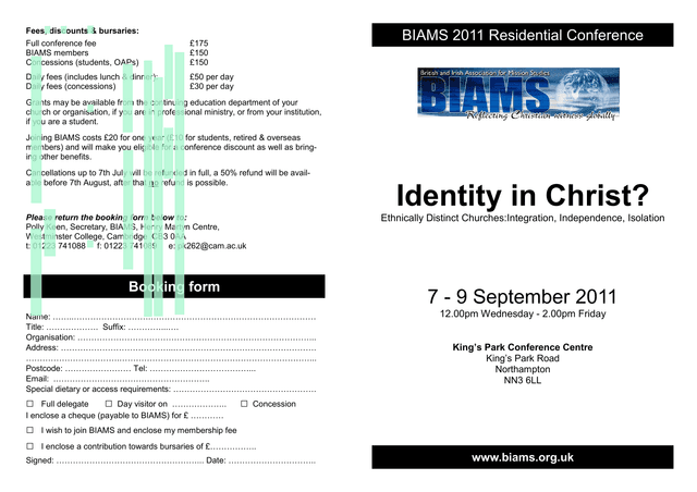 BIAMS 2011 Residential Conference Booking Form screenshot