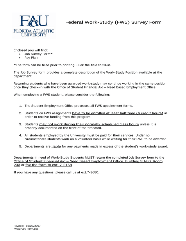 Federal Work Study (FWS) Survey Form screenshot