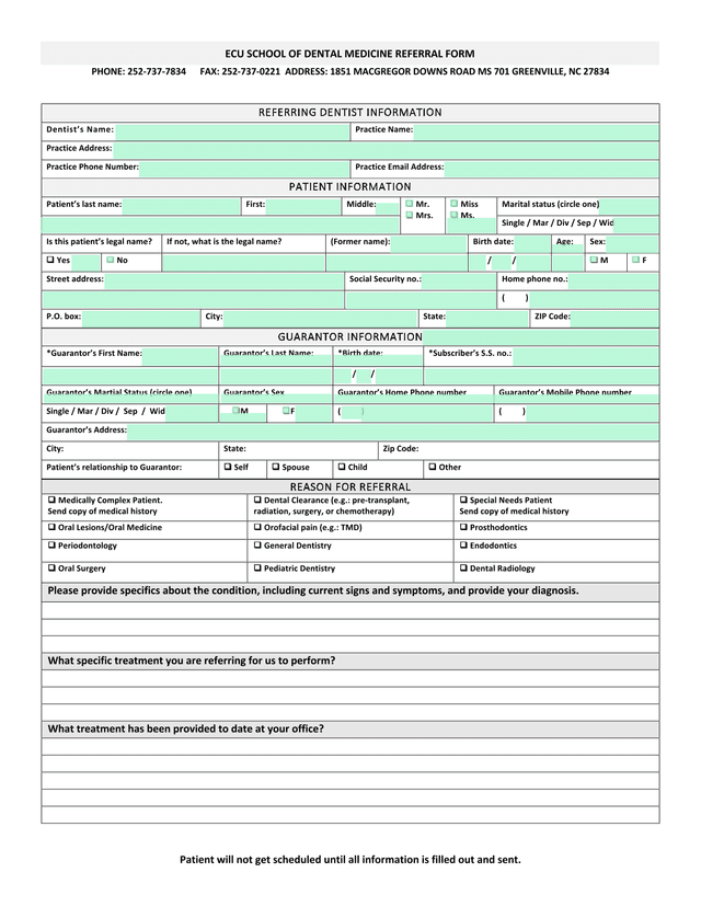 ECU School Of Dental Medicine Referral Form screenshot