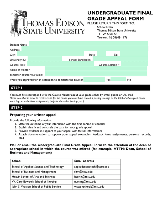 Undergraduate Final Grade Appeal Form screenshot