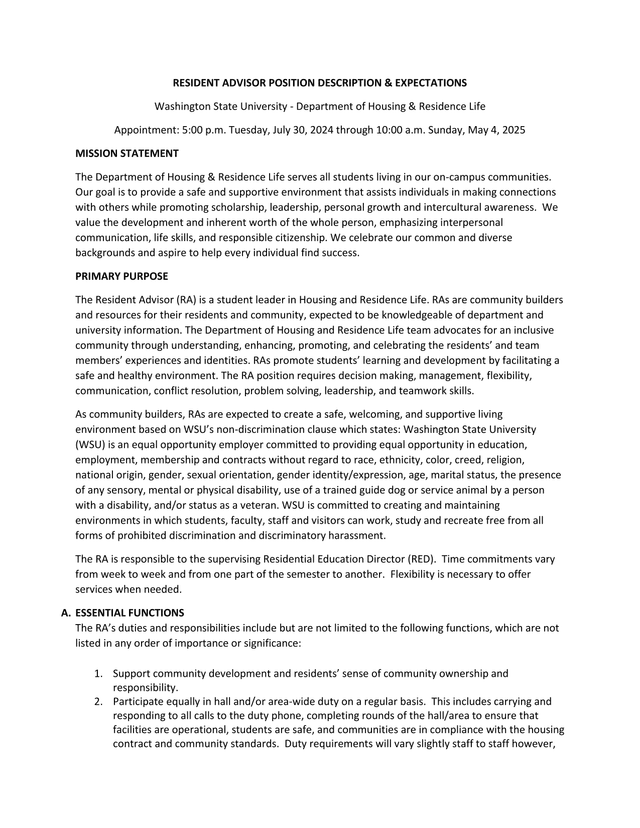 Resident Advisor Position Description  Expectations screenshot