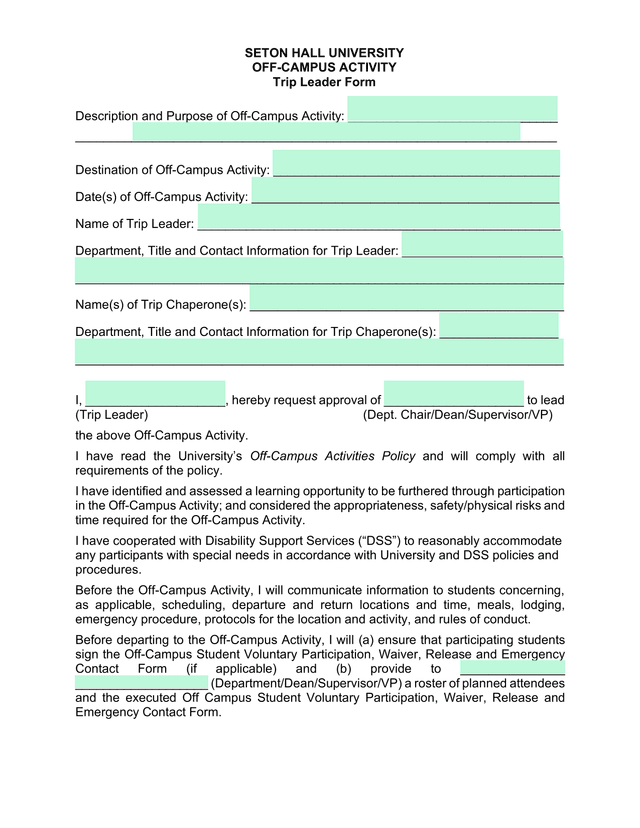 Off Campus Activity Trip Leader Form screenshot