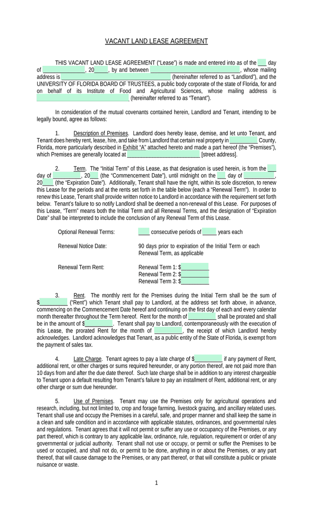 Vacant Land Lease Agreement screenshot