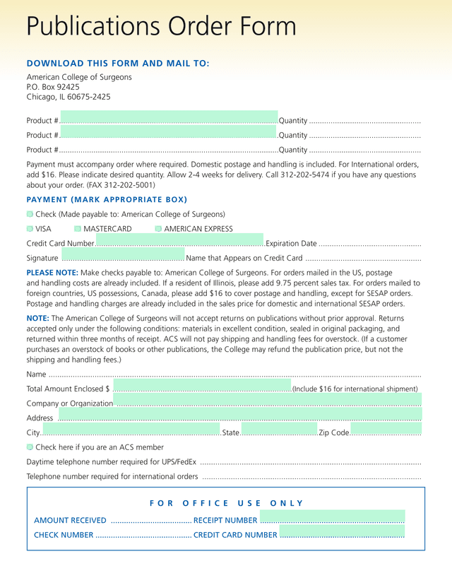 American College Of Surgeons Order Form screenshot