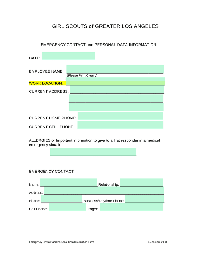 Emergency Contact And Personal Data Information Form screenshot