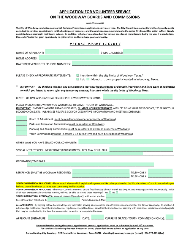 Application For Volunteer Service On The Woodway Boards And Commissions screenshot