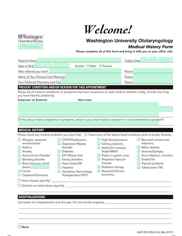 Washington University Otolaryngology Medical History Form screenshot