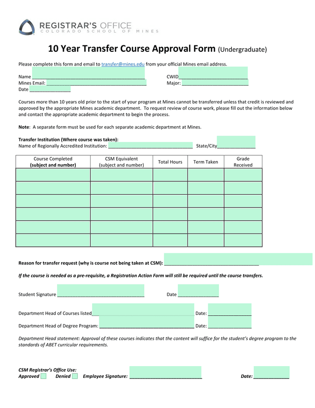 10 Year Transfer Course Approval Form (Undergraduate) screenshot