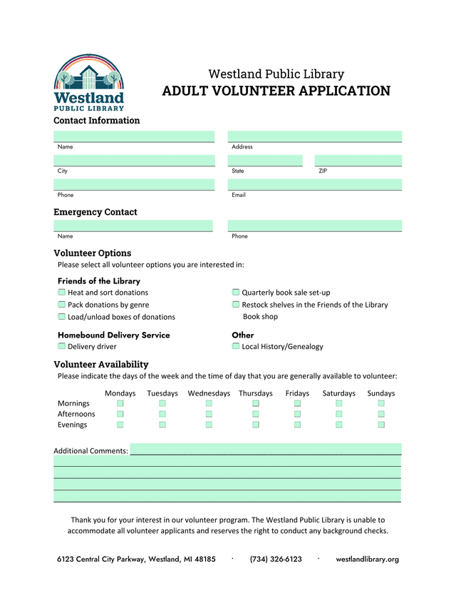 Adult Volunteer Application screenshot