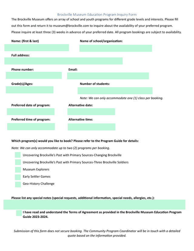 Brockville Museum Education Program Inquiry Form screenshot