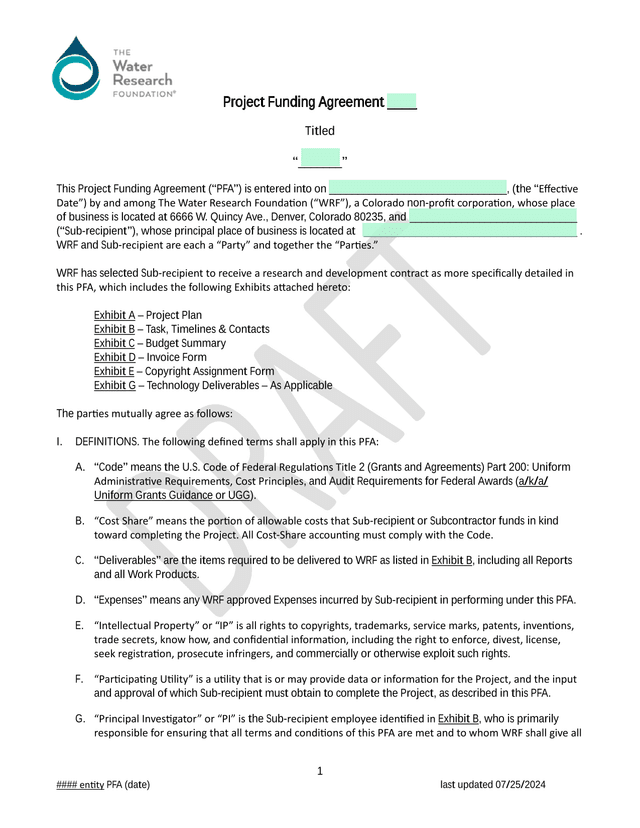 Project Funding Agreement screenshot