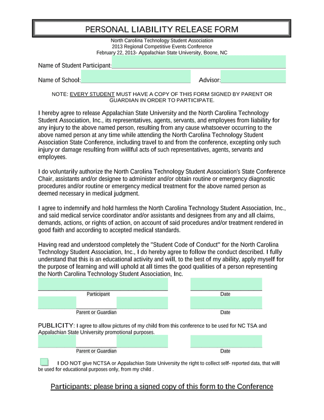 Personal Liability Release Form screenshot