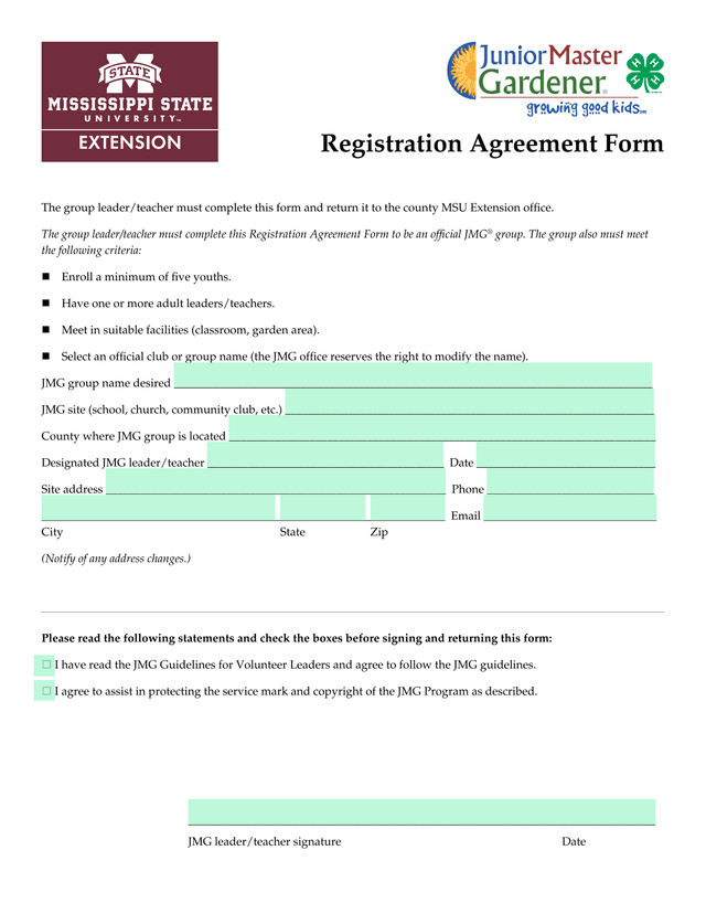 Registration Agreement Form screenshot