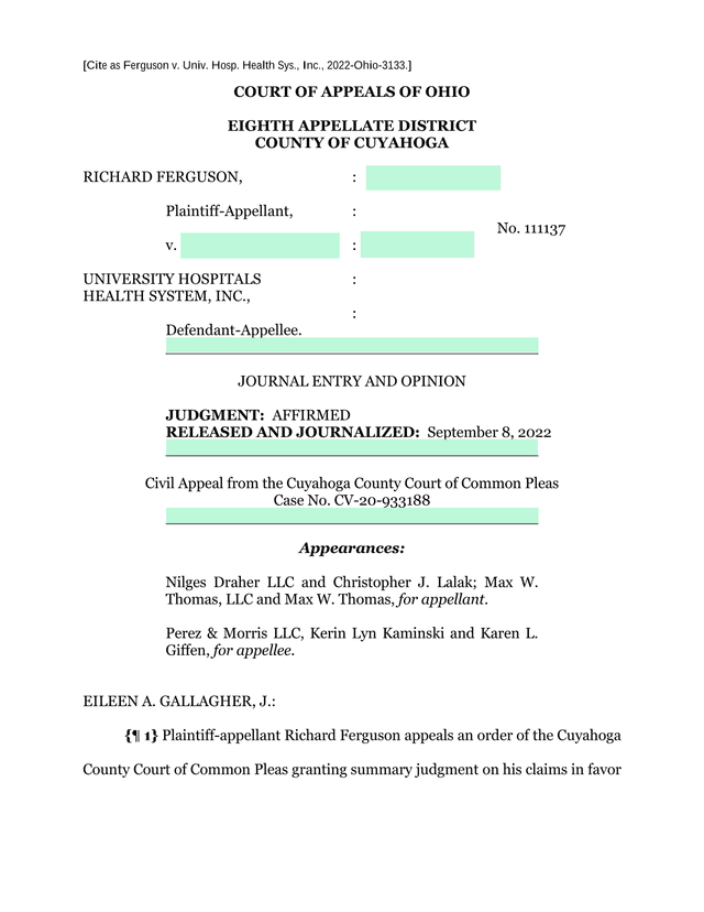 Ferguson V. Univ. Hosp. Health Sys., Inc. screenshot