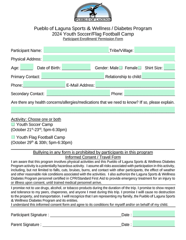 2024 Youth SoccerFlag Football Camp Participant Enrollment Permission Form screenshot