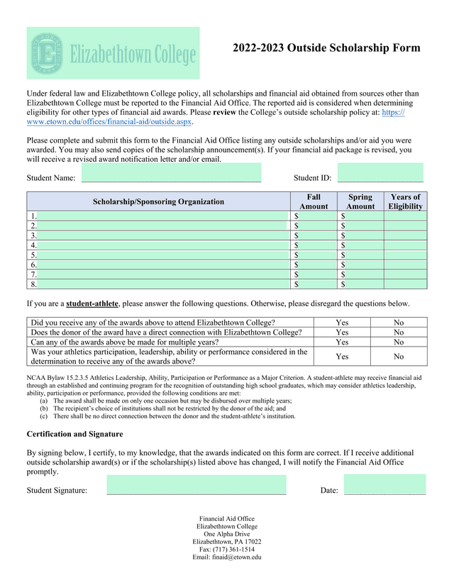 2022 2023 Outside Scholarship Form screenshot