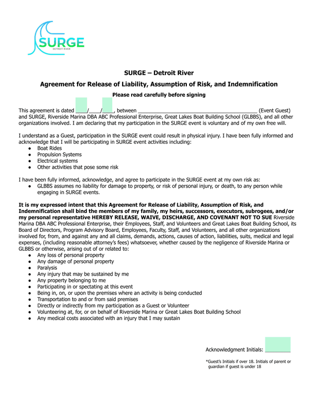 SURGE  Detroit River Agreement For Release Of Liability, Assumption Of Risk, And Indemnification screenshot