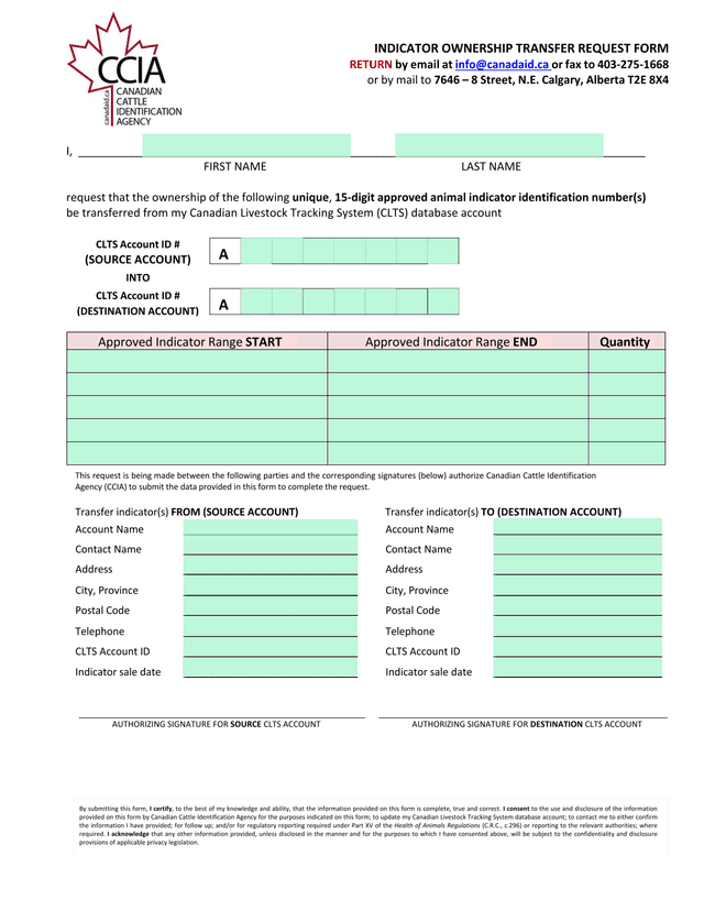 Indicator Ownership Transfer Request Form screenshot