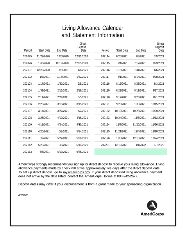 Living Allowance Calendar And Statement Information screenshot
