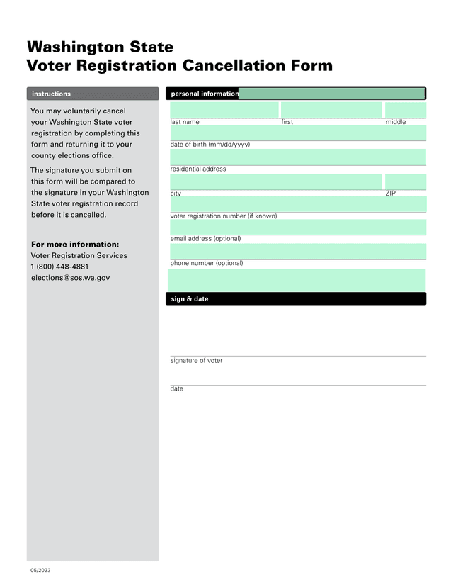 Washington State Voter Registration Cancellation Form screenshot