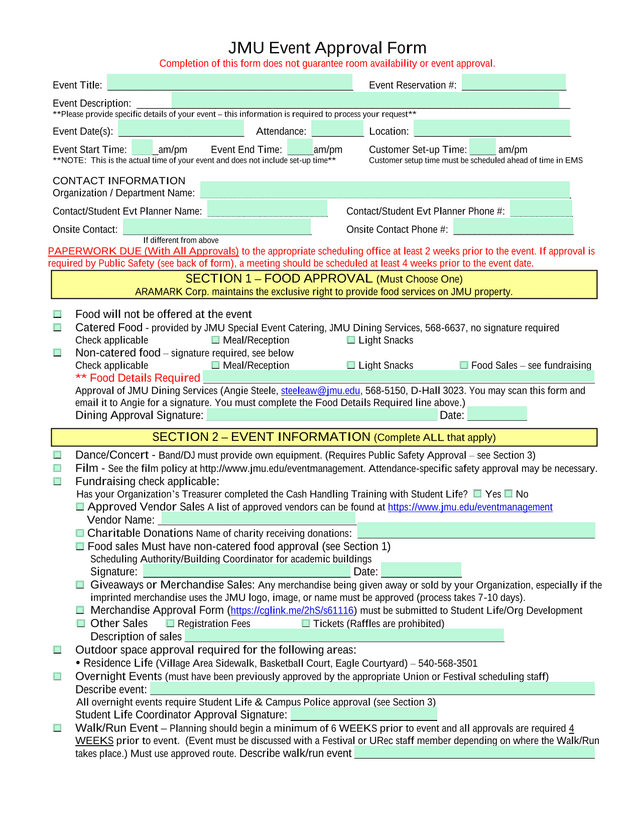 JMU Event Approval Form screenshot