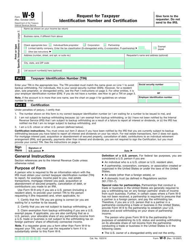 Form W 9 screenshot