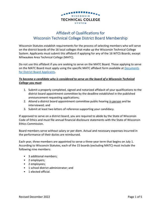 Affidavit Of Qualifications For Wisconsin Technical College District Board Membership screenshot