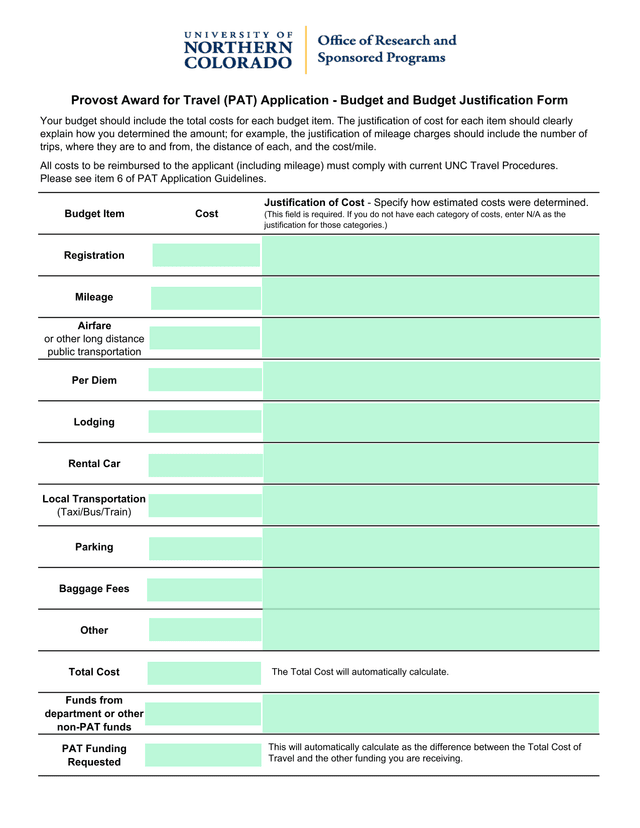 Provost Award For Travel (PAT) Application   Budget And Budget Justification Form screenshot