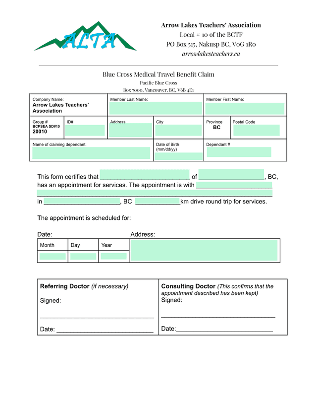 Blue Cross Medical Travel Benefit Claim screenshot