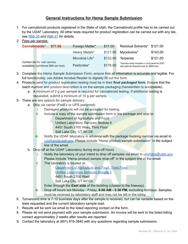 General Instructions For Hemp Sample Submission screenshot
