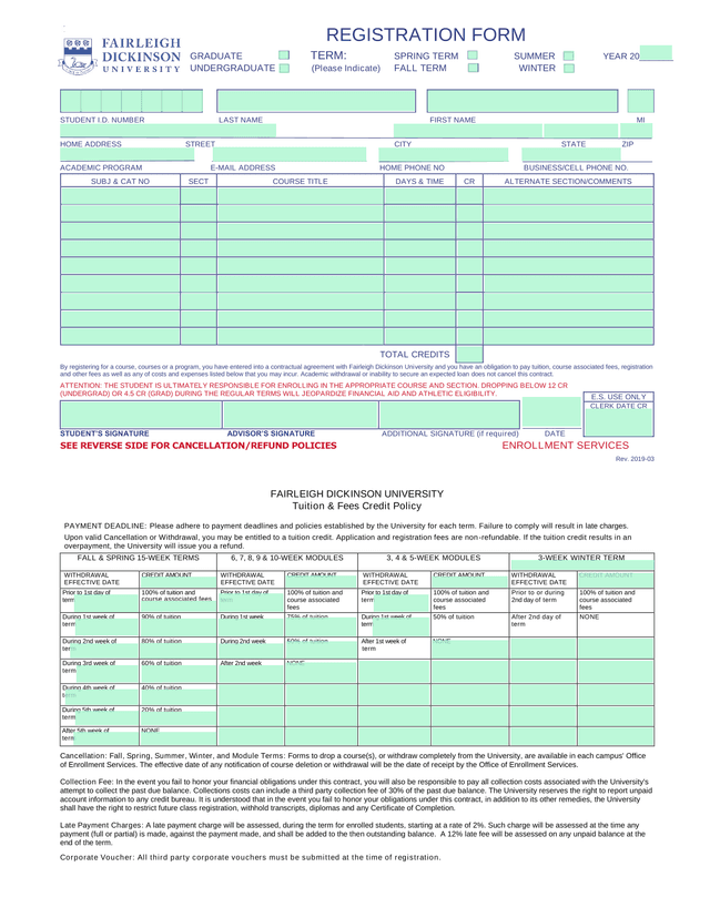 Fairleigh Dickinson University Tuition  Fees Credit Policy screenshot