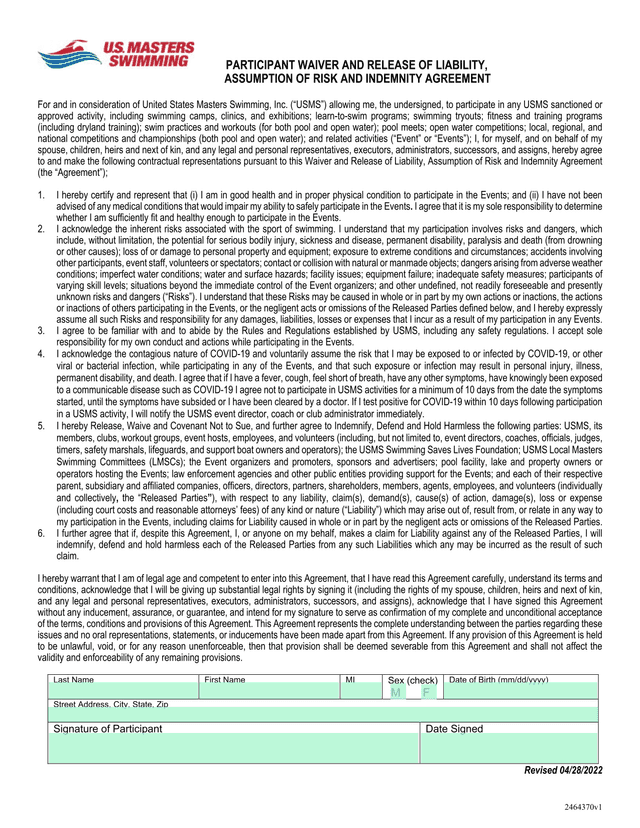 Participant Waiver And Release Of Liability, Assumption Of Risk And Indemnity Agreement screenshot
