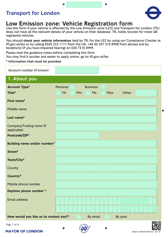 Low Emission Zone Vehicle Registration Form screenshot