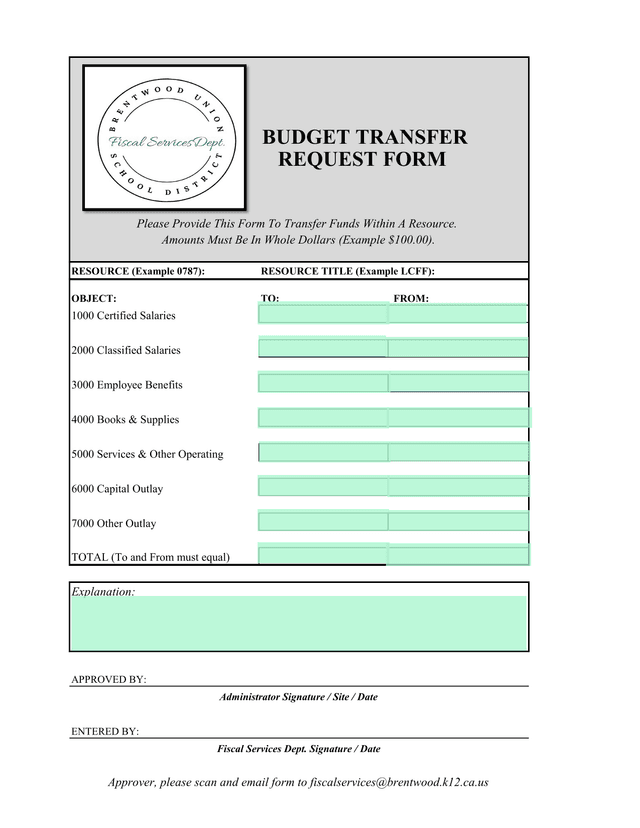 Budget Transfer Request Form screenshot
