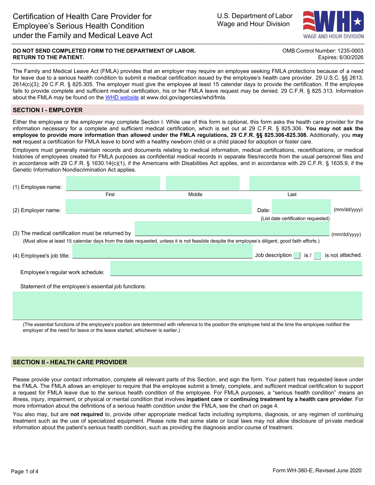 EmployeeS Serious Health Condition Form (WH 380 E) screenshot
