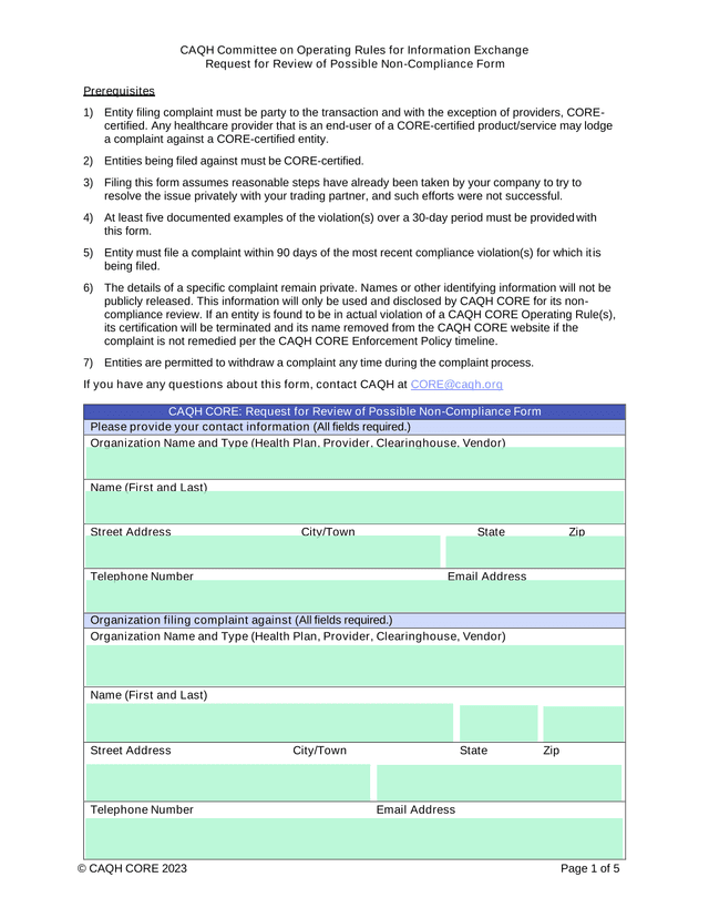 CAQH Committee On Operating Rules For Information Exchange Request For Review Of Possible Non Compli screenshot