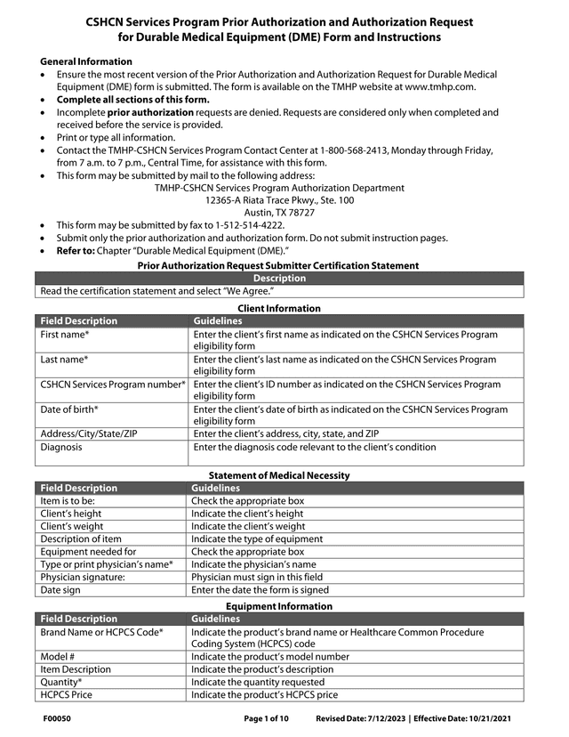 CSHCN Services Program Prior Authorization And Authorization Request For Durable Medical Equipment ( screenshot