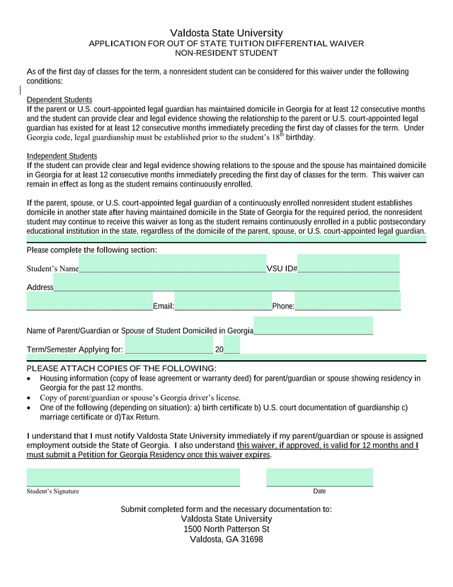 APPLICATION FOR OUT OF STATE TUITION DIFFERENTIAL WAIVER NON RESIDENT STUDENT screenshot