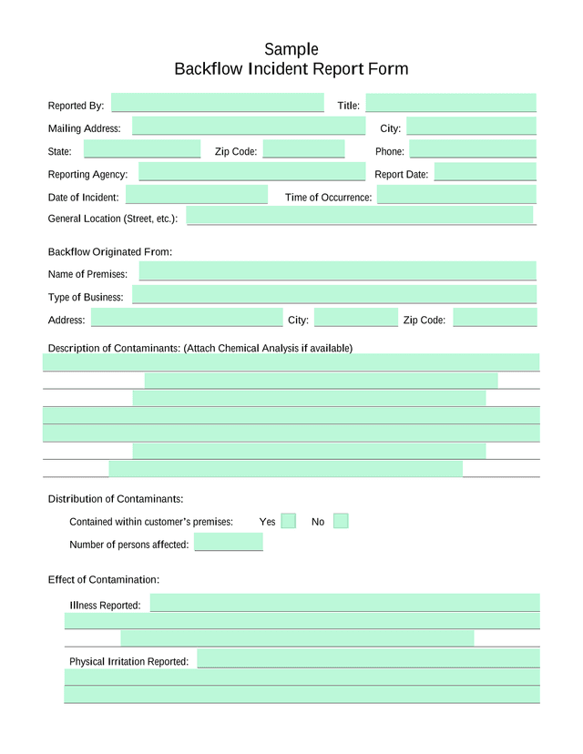 Backflow Incident Report Form screenshot