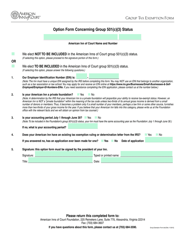 Group Tax Exemption Form screenshot