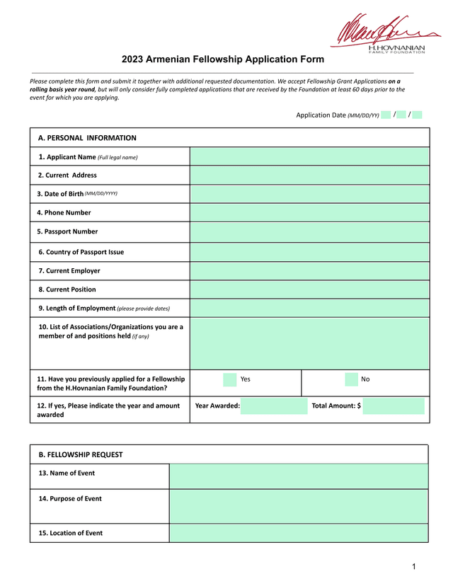 2023 Armenian Fellowship Application Form screenshot