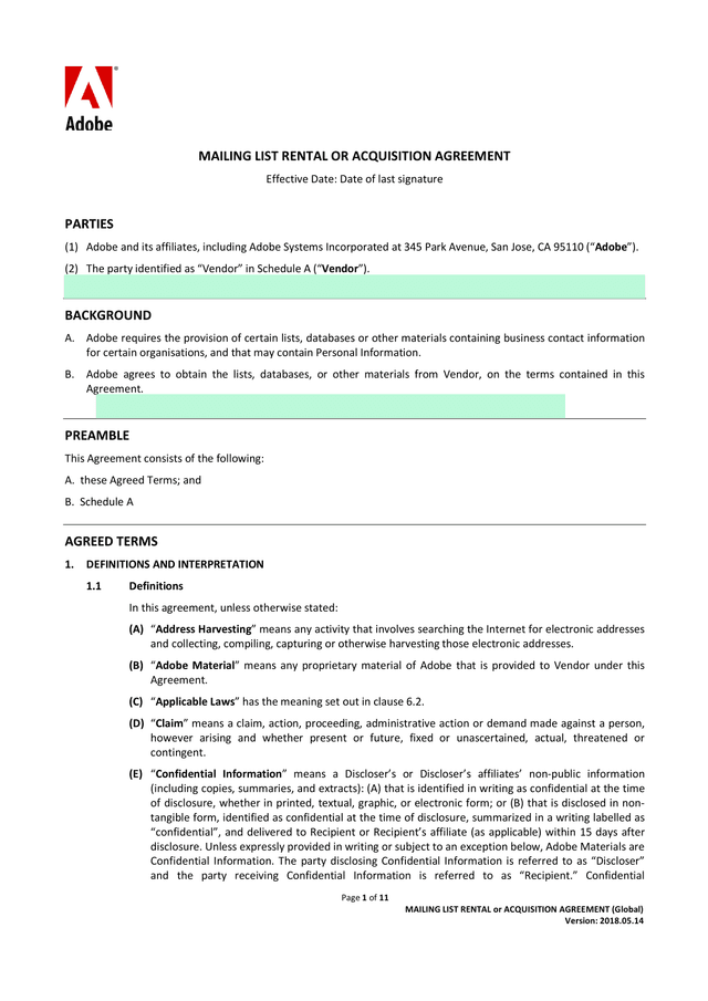 MAILING LIST RENTAL Or ACQUISITION AGREEMENT (Global) screenshot