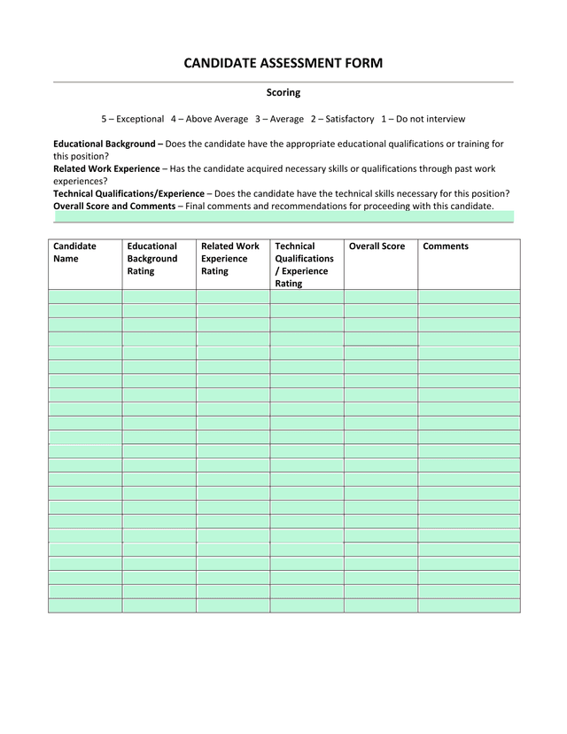 CANDIDATE ASSESSMENT FORM screenshot
