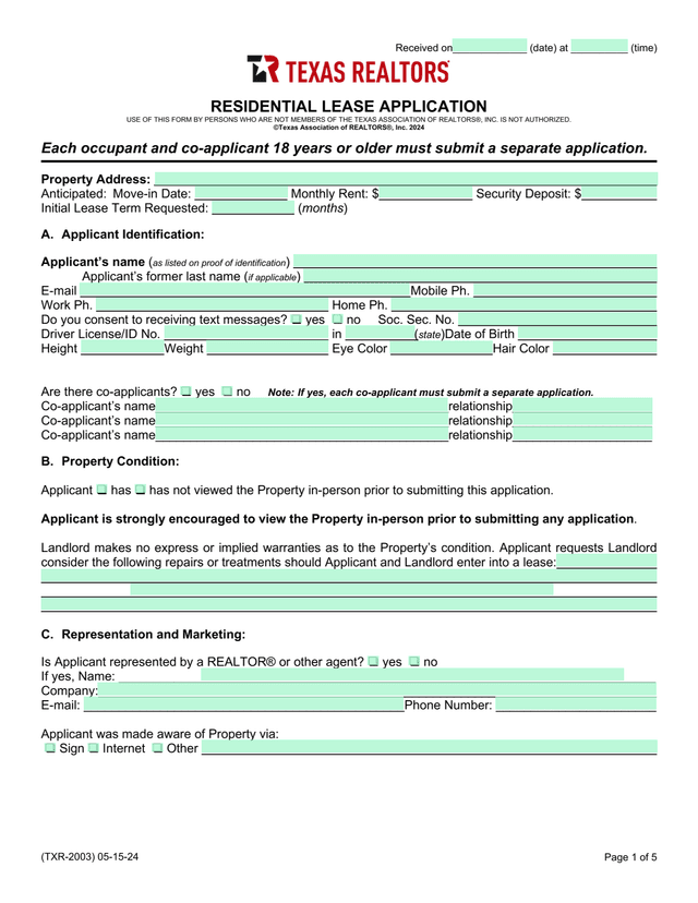 Residential Lease Application screenshot