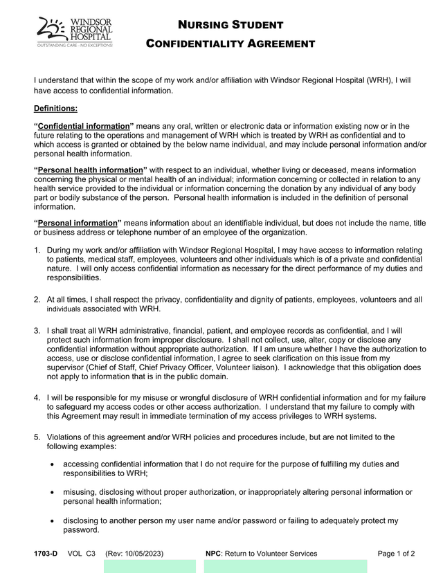Nursing Student Confidentiality Agreement screenshot