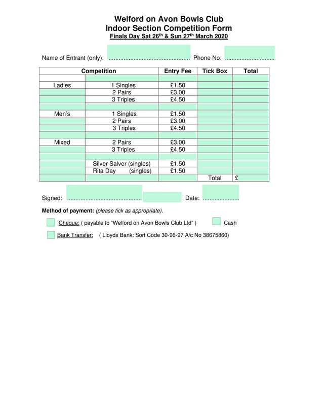 Indoor Section Competition Form screenshot