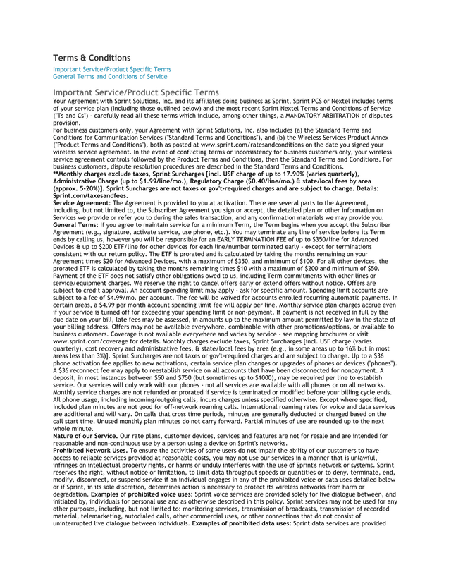Sprint Solutions, Inc. Terms And Conditions Of Service screenshot