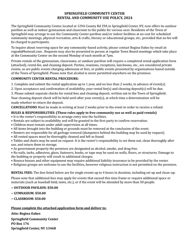 Springfield Community Center Rental And Community Use Policy, 2024 screenshot